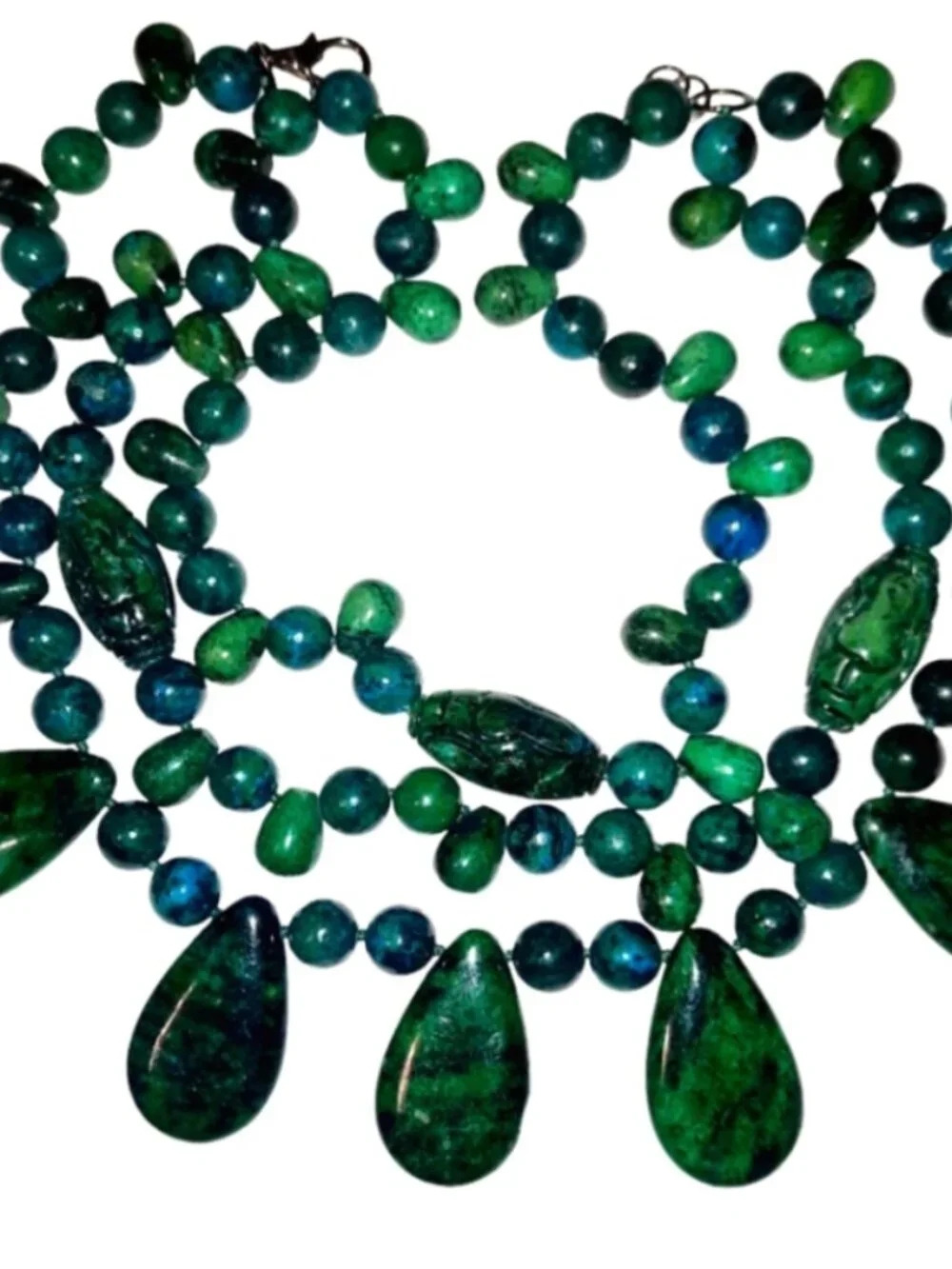 Handmade Azurite Malachite Chrysocolla Teardrop Cabochon Beaded Necklace, Heavy - Picture 5 of 5